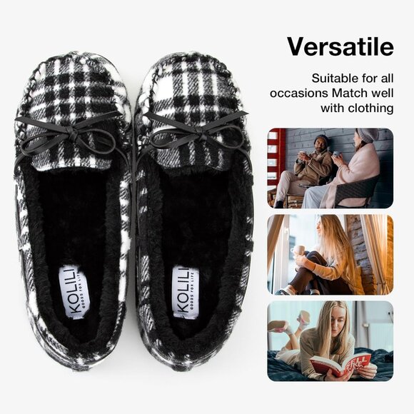 Women's Black White Faux Fur Warm Winter Cozy Rubber Sole Slippers Boot Shoes - Picture 5 of 6